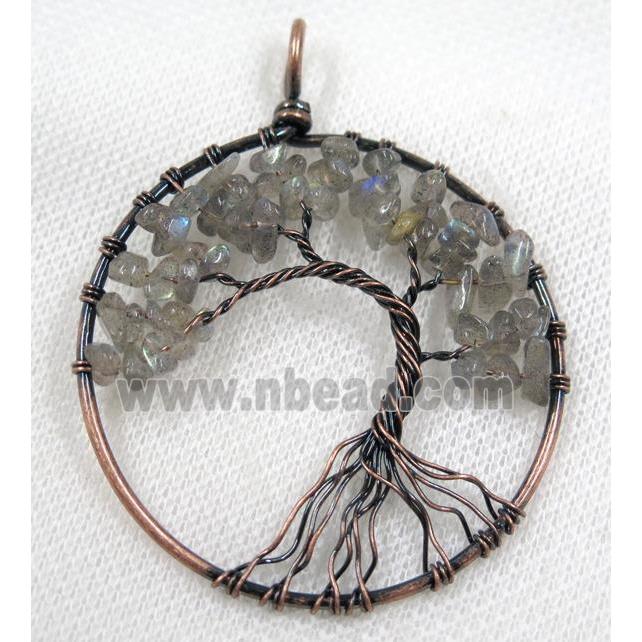 Labradorite Chips Pendant Tree Of Life Wire Wrapped Circle Antique Red