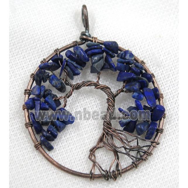 Blue Lapis Lazuli Chips Pendant Tree Of Life Wire Wrapped Circle Antique Red