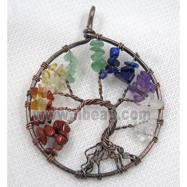Gemstone Chips Chakra Pendant Tree Of Life Wire Wrapped Circle Antique Red Multicolor