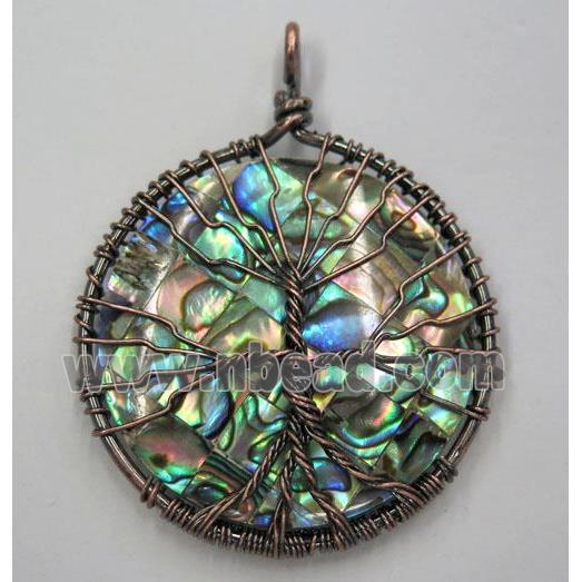 Tree of life Paua Abalone Shell pendant, flat round, wire wrapped