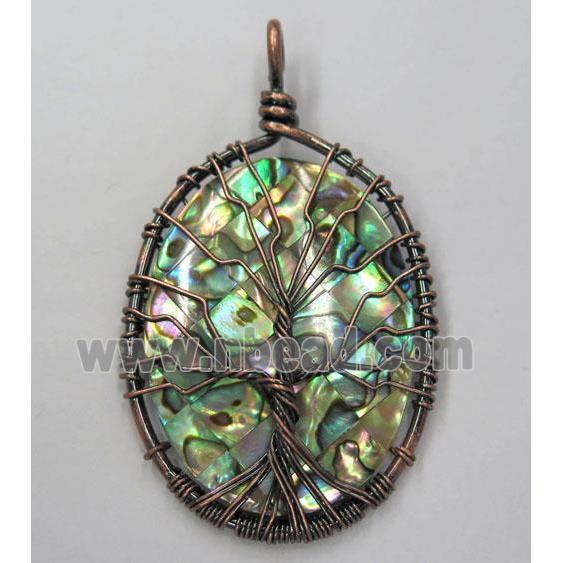 Tree of life Paua Abalone Shell pendant, oval, wire wrapped