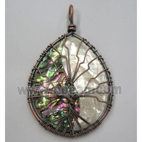 Tree of life Paua Abalone Shell pendant, teardrop, wire wrapped