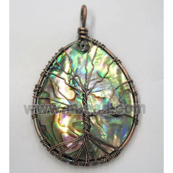 Tree of life Paua Abalone Shell pendant, teardrop, wire wrapped