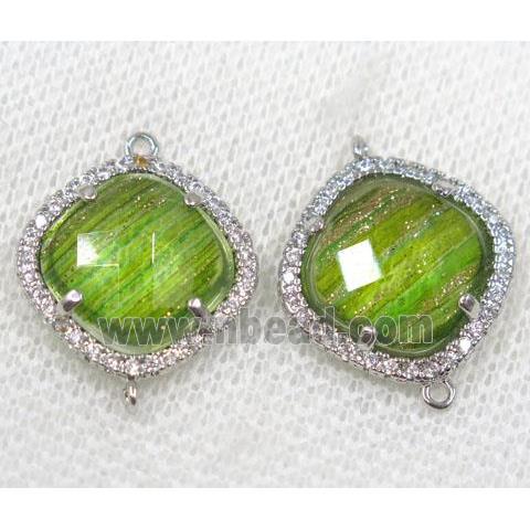 green crystal glass connector paved rhinestone, faceted square, platinum plated