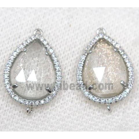 crystal glass connector paved rhinestone, faceted teardrop, platinum plated