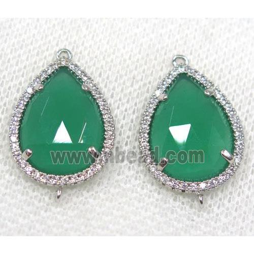 green crystal glass connector paved rhinestone, faceted teardrop, platinum plated