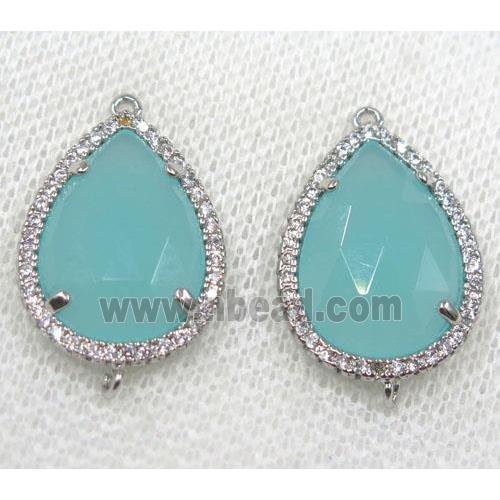 aqua crystal glass connector paved rhinestone, faceted teardrop, platinum plated