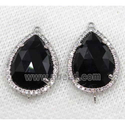 black crystal glass connector paved rhinestone, faceted teardrop, platinum plated