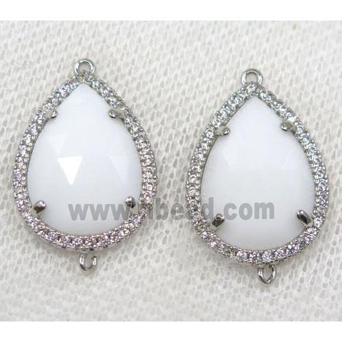white crystal glass connector paved rhinestone, faceted teardrop, platinum plated