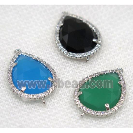 crystal glass connector paved rhinestone, mix color, faceted teardrop, platinum plated
