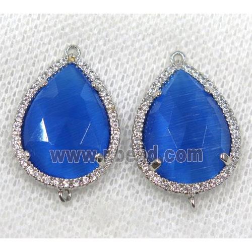 blue crystal glass connector paved rhinestone, faceted teardrop, platinum plated