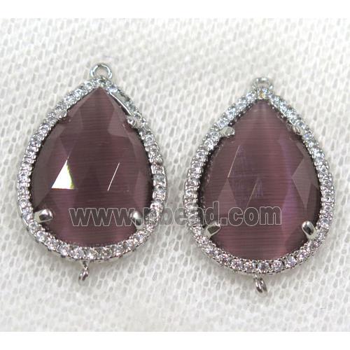 purple crystal glass connector paved rhinestone, faceted teardrop, platinum plated