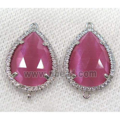 pink crystal glass connector paved rhinestone, faceted teardrop, platinum plated