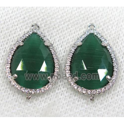 green crystal glass connector paved rhinestone, faceted teardrop, platinum plated