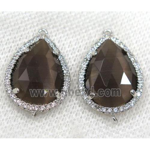 smoky crystal glass connector paved rhinestone, faceted teardrop, platinum plated