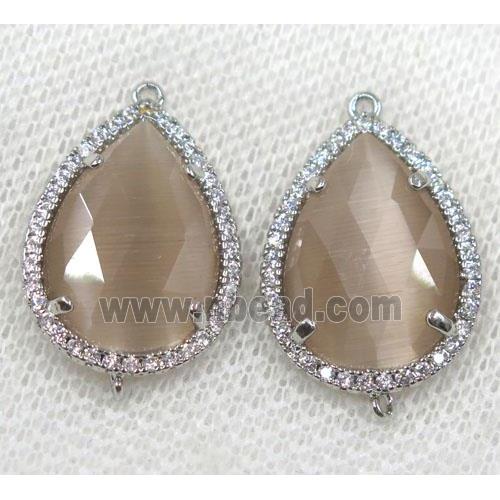 lt.gray crystal glass connector paved rhinestone, faceted teardrop, platinum plated