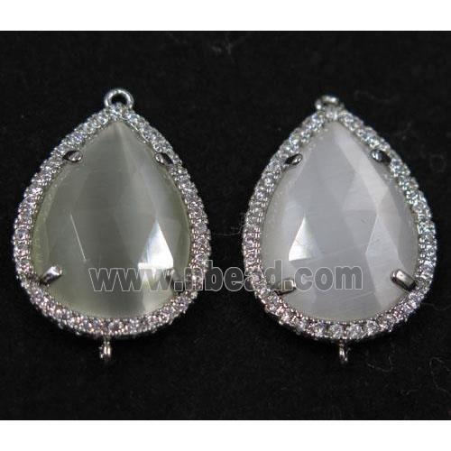 white crystal glass connector paved rhinestone, faceted teardrop, platinum plated