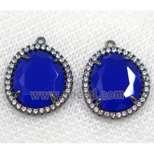 royal blue crystal glass pendant paved rhinestone, faceted teardrop, black plated