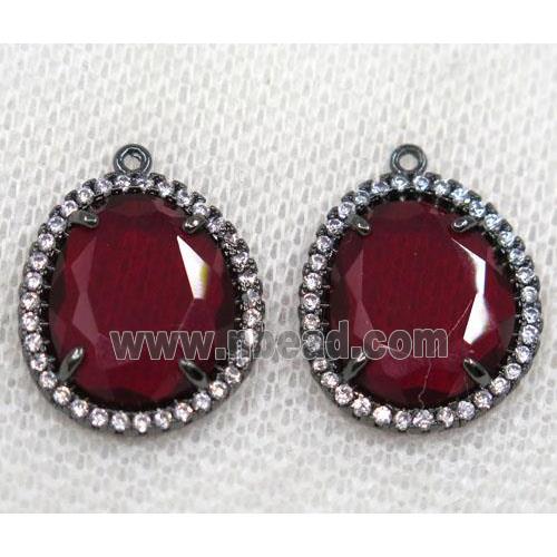 ruby crystal glass pendant paved rhinestone, faceted teardrop, black plated
