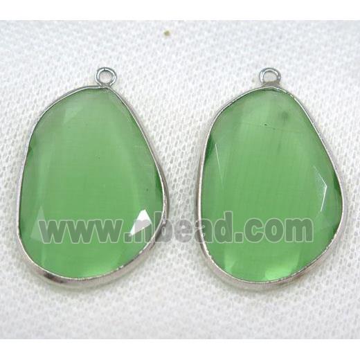green crystal glass pendant, faceted teardrop, platinum plated
