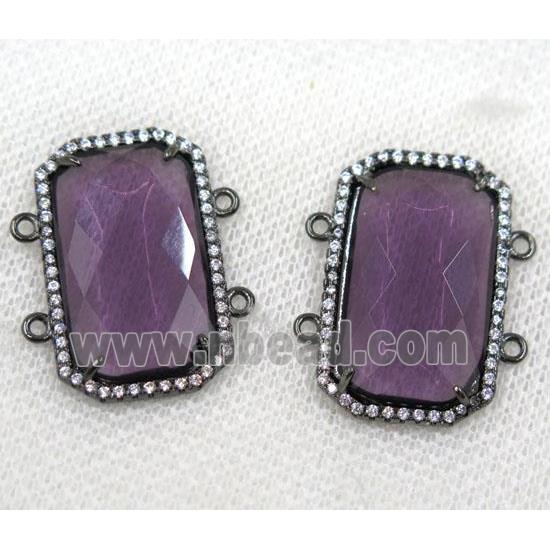purple crystal glass connector paved rhinestone, faceted rectangle, black plated