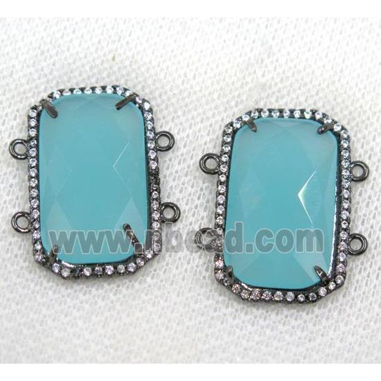 aqua crystal glass connector paved rhinestone, faceted rectangle, black plated