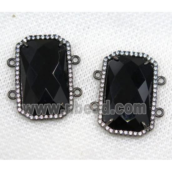 black crystal glass connector paved rhinestone, faceted rectangle, black plated