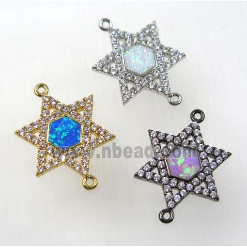 synthetic Fire Opal hexagram connector paved zircon, copper, mix color