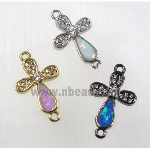 synthetic Fire Opal connector paved zircon, copper, cross, mix color