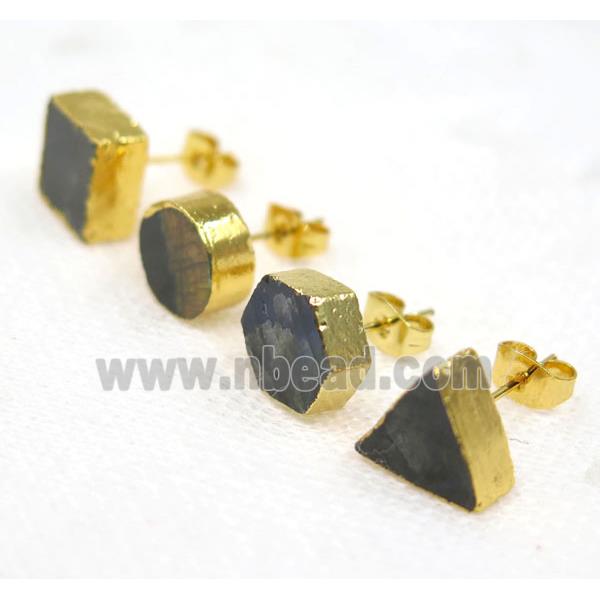 Labradorite earring studs, mix shapes, gold plated