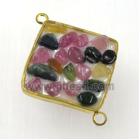 tourmaline paved connector, multi color, square, gold plated