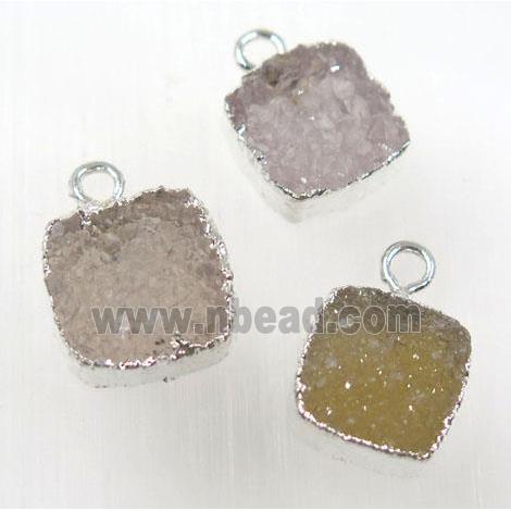 druzy agate pendant, natural color, square, silver plated