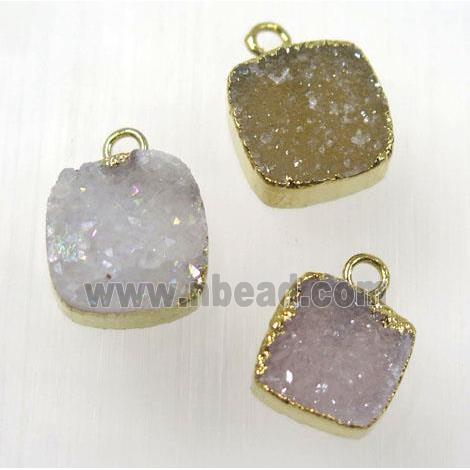 druzy agate pendant, natural color, square, gold plated