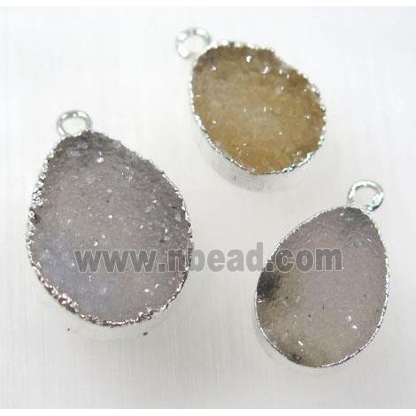 druzy agate pendant, natural color, teardrop, silver plated