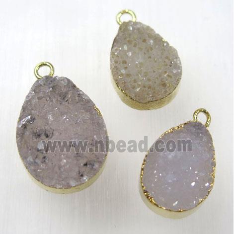 druzy agate pendant, natural color, teardrop, gold plated