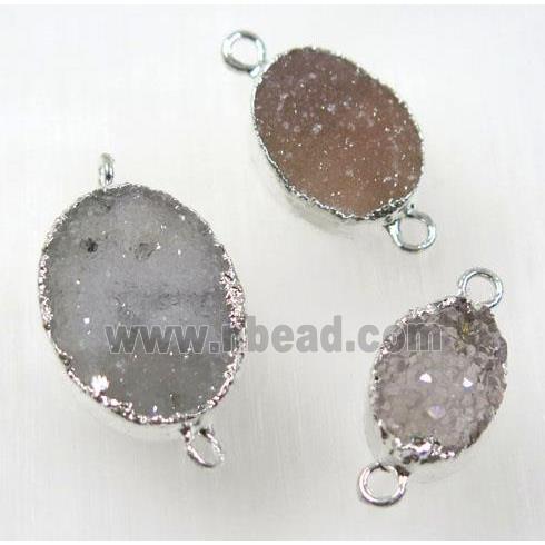 druzy agate connector, natural color, oval, silver plated