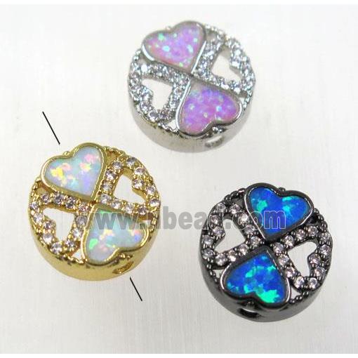 synthetic Fire Opal bead paved zircon, double heart, copper, mix color