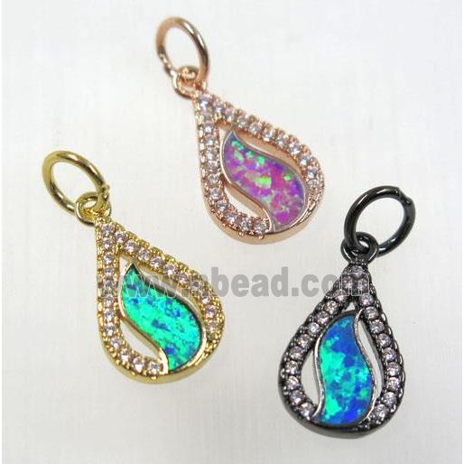 synthetic Fire Opal pendant paved zircon, teardrop, copper, mix color
