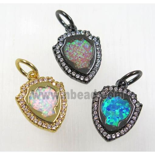 synthetic Fire Opal pendant paved zircon, copper, mix color