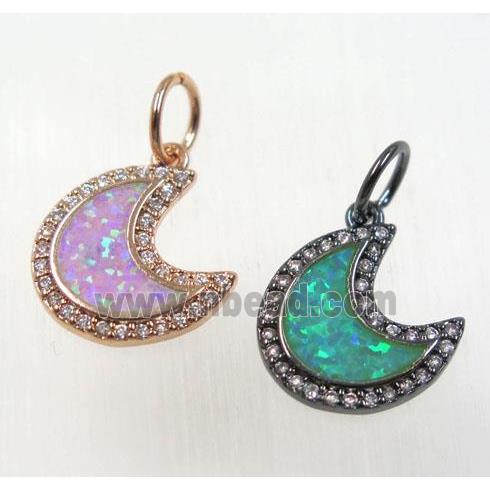 synthetic Fire Opal pendant paved zircon, crescent moon, copper, mix color