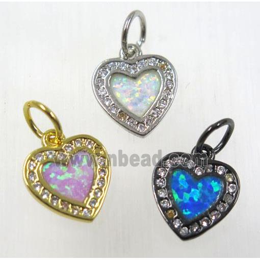 synthetic Fire Opal heart pendant paved zircon, copper, mix color