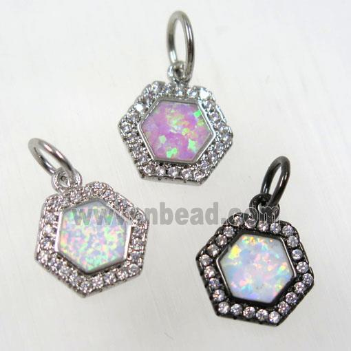 synthetic Fire Opal hexagon pendant paved zircon, copper, mix color