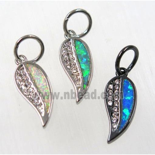 synthetic Fire Opal Leaf pendant paved zircon, copper, mix color