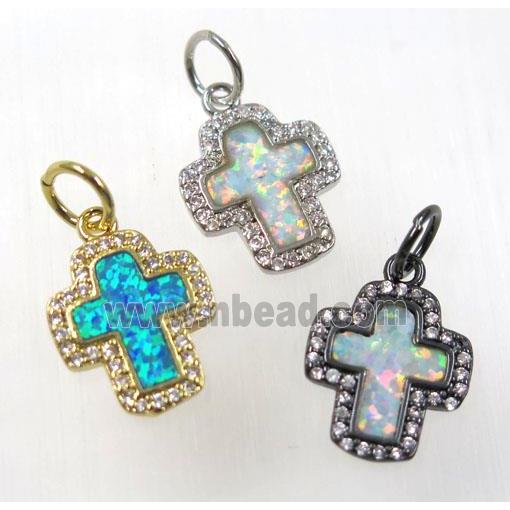 synthetic Fire Opal cross pendant paved zircon, copper, mix color