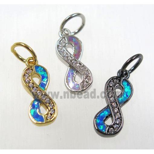 synthetic Fire Opal infinity pendant paved zircon, copper, mix color