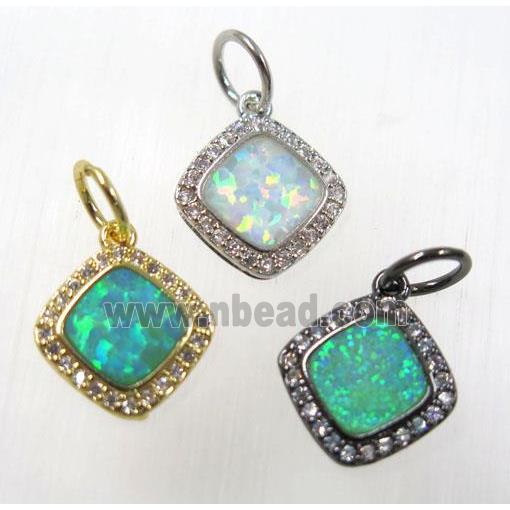 synthetic Fire Opal pendant paved zircon, copper, square, mix color