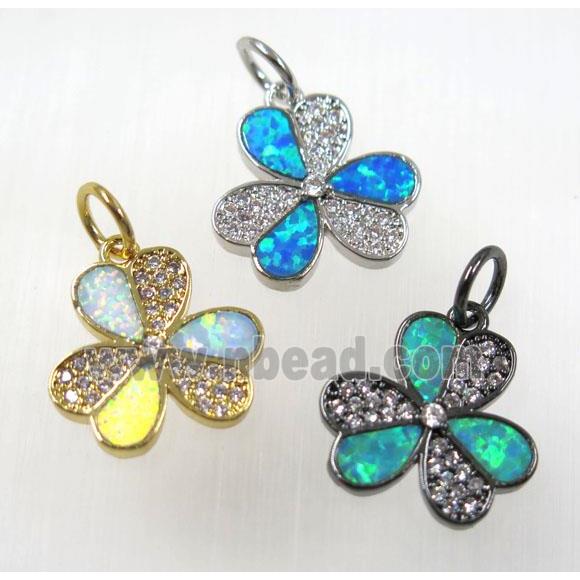 synthetic Fire Opal pendant paved zircon, three-leaf Clover, copper, mix color