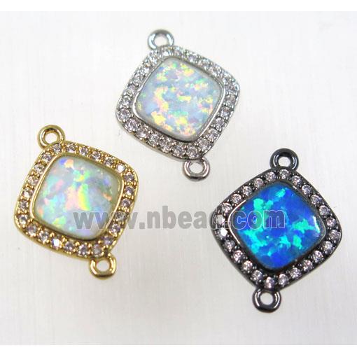 synthetic Fire Opal square connector paved zircon, copper, mix color