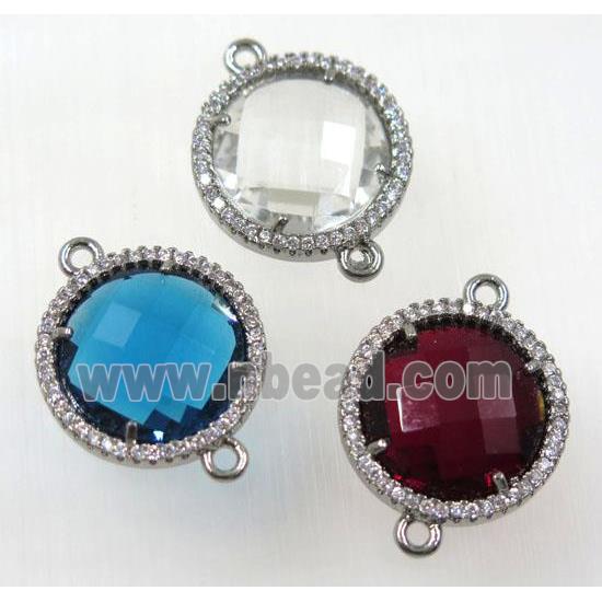 crystal glass connector paved zircon, flat round, platinum plated, copper, mix color