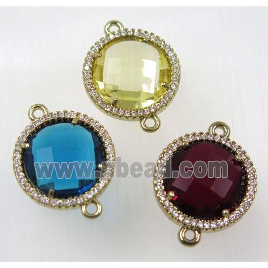 crystal glass connector paved zircon, flat round, gold plated, copper, mix color